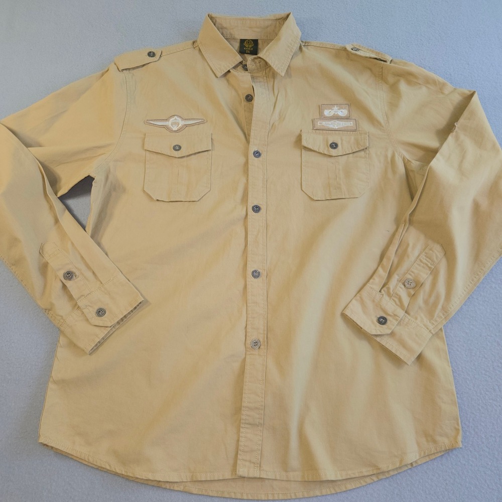 Kasild Button Down Shirt Mens L Khaki Tan Military Tactical Airborne Patches
